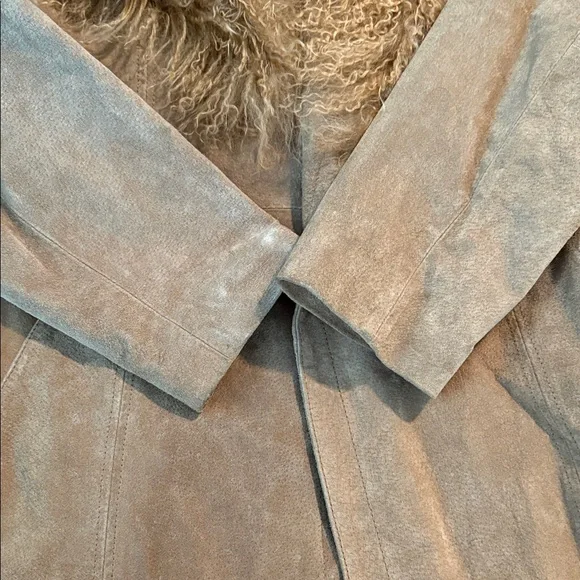 Tan Suede Coat with Mongolian Fur Collar - Picture 7 of 9